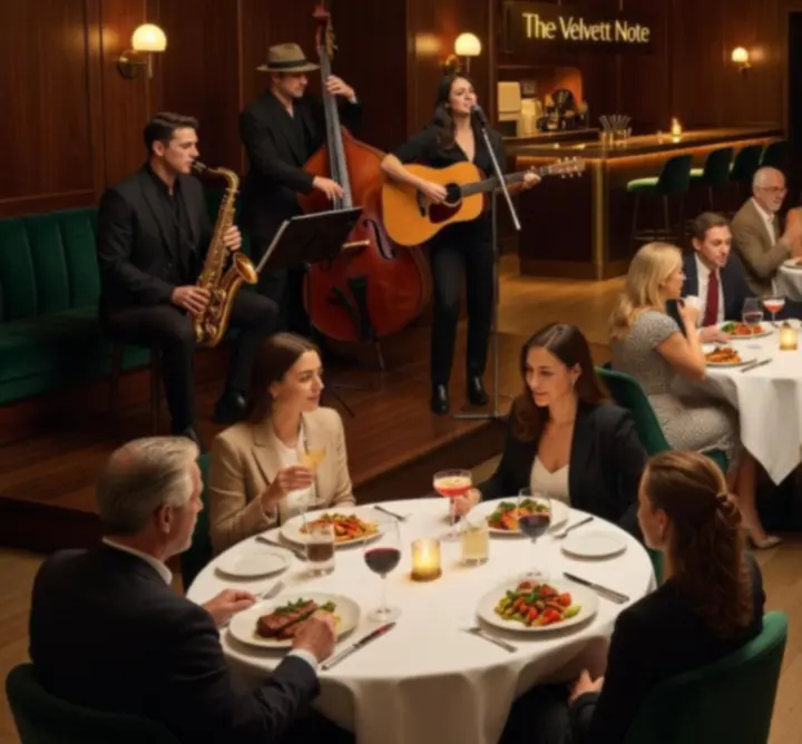Live musician performing beside softly lit dining tables