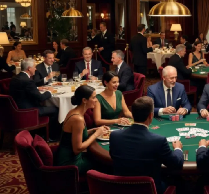 Atmospheric view of the lounge with elegant interiors and lively poker tables