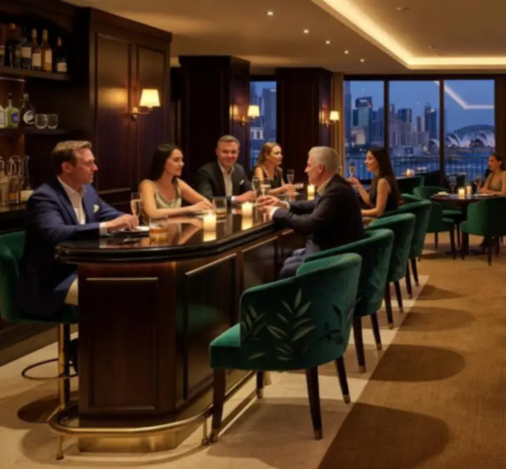 Luxury poker and dining lounge with moody lighting and plush seating