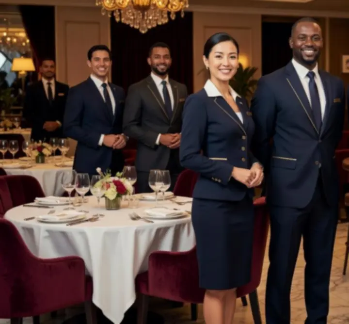 Professional lounge team welcoming guests with attentive service