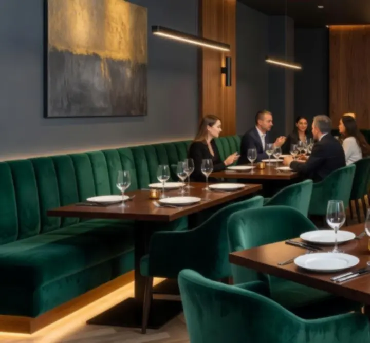 Sophisticated restaurant interior with warm lighting and plush seating