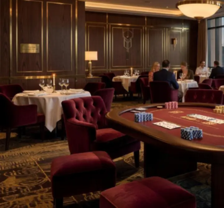 Dimly lit poker lounge ambience with elegant tables and warm gold lighting.