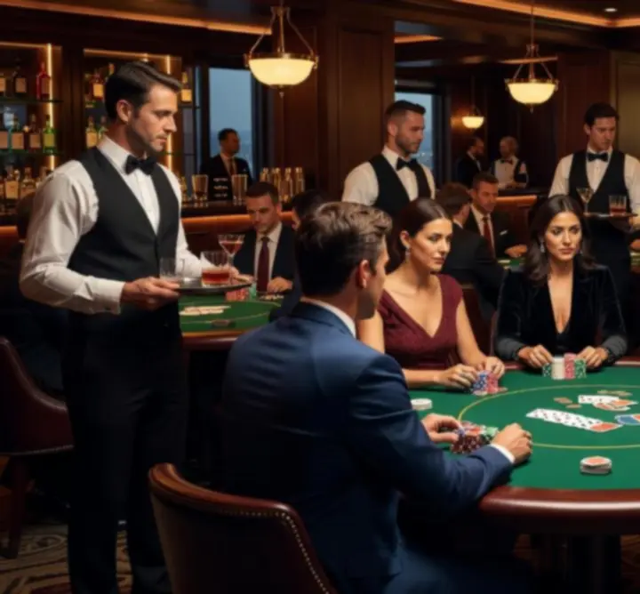 Luxurious poker lounge with cards and chips