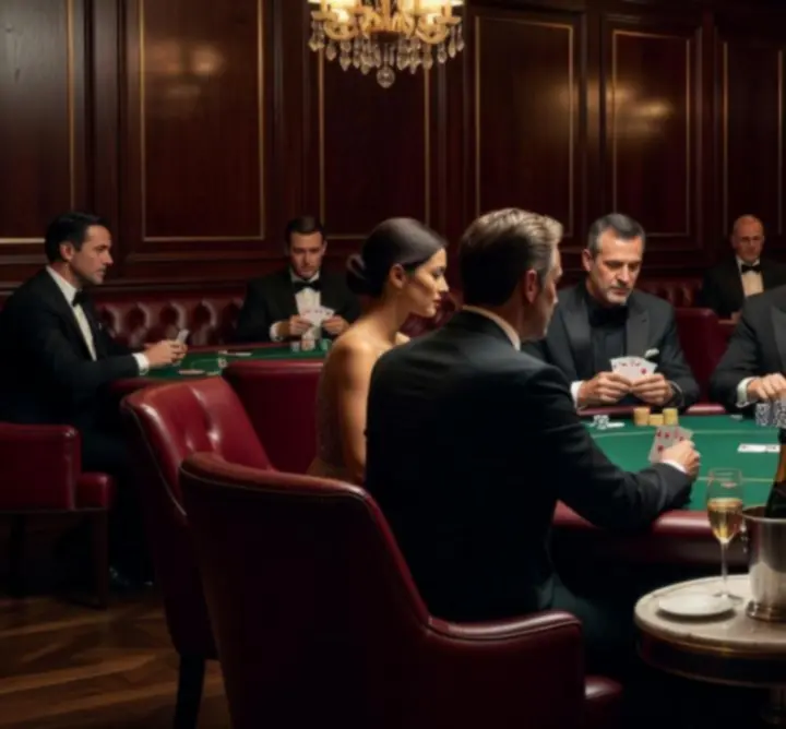 Luxurious poker lounge with professional tables and ambient lighting