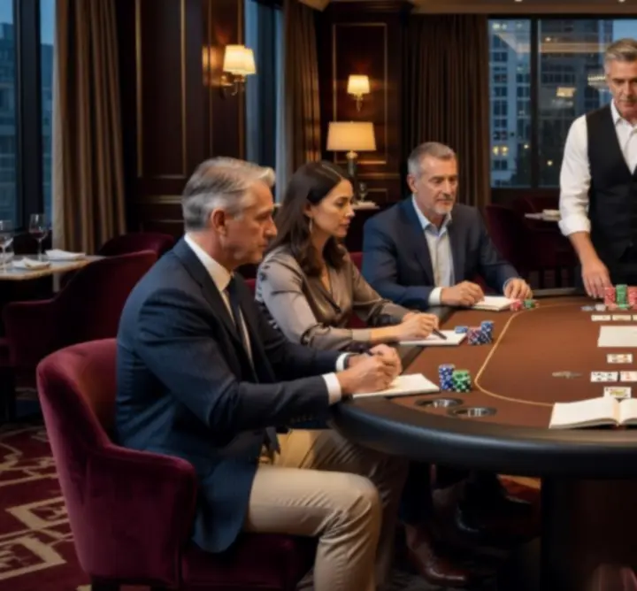 Professional poker coach explaining strategy to players around a table