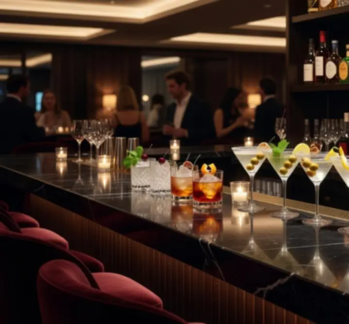 Premium cocktails and spirits arranged on a bar in a low-lit lounge