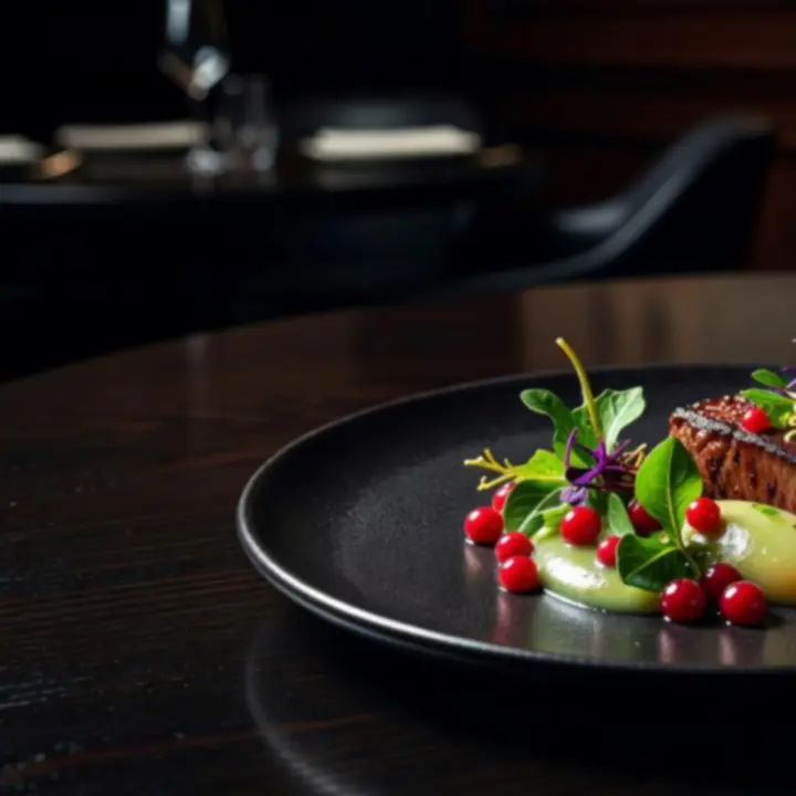 Elegantly plated signature dish in a dimly lit dining room